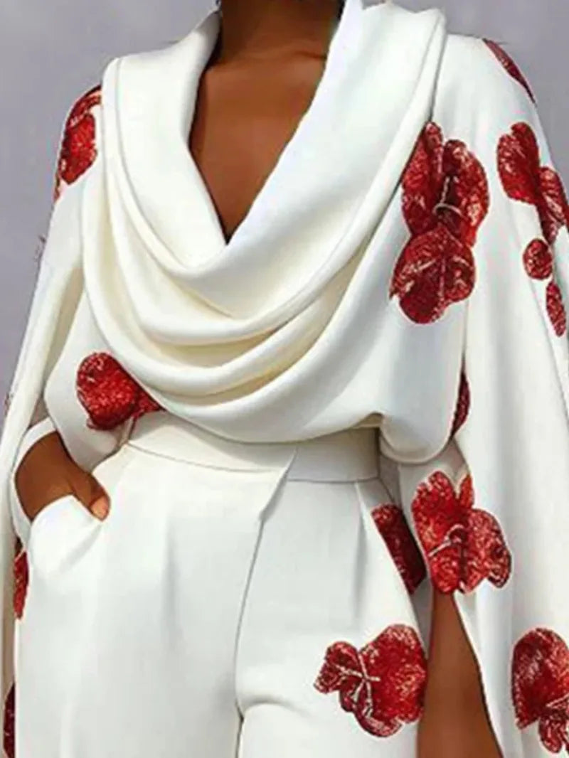 Conjunto de calças femininas elegantes com estampa floral Y2K, para escritório, manga comprida, xale, blusa franzida, calça larga, conjunto de duas peças, roupas soltas