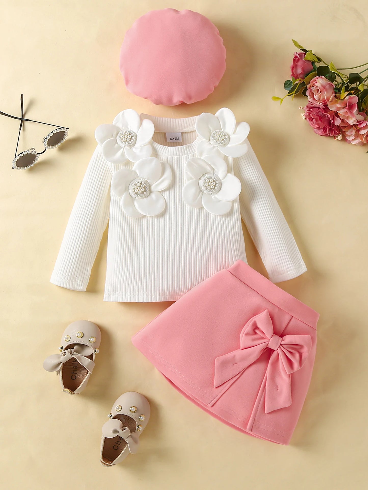 Conjunto de saia e boina para bebês e meninas, conjunto de saia e boina de outono com manga comprida e decoração floral 3D, 6 meses a 4 anos