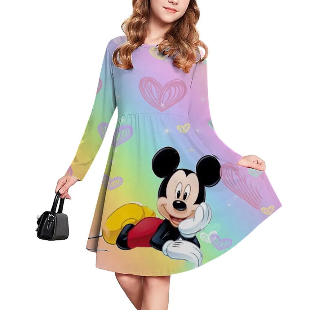 Novas roupas infantis primavera e outono, vestido romântico de manga curta com estampa 3D da Disney Mickey Mouse para meninas de 3 a 14 anos