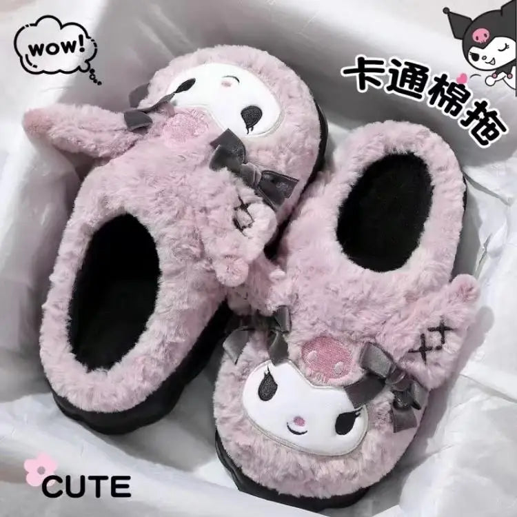 Kuromi Inverno Mulheres Pantufas de Pelúcia Anime Kawaii Casa Sapatos de Algodão Desenhos Animados Meninas Macias Manter Aquecidos Chinelos Dormitório Estudantil