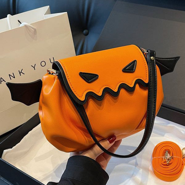 Funny Halloween Pumpkin Design Crossbody Bag, Small Wings Shoulder Bag, Creative Personalized Women's Handbag