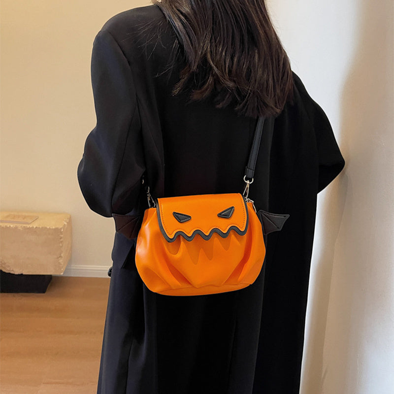Funny Halloween Pumpkin Design Crossbody Bag, Small Wings Shoulder Bag, Creative Personalized Women's Handbag