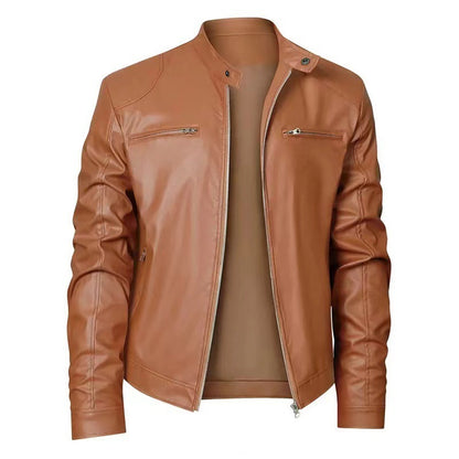 Men's faux leather jacket with zipper and decorated pockets
