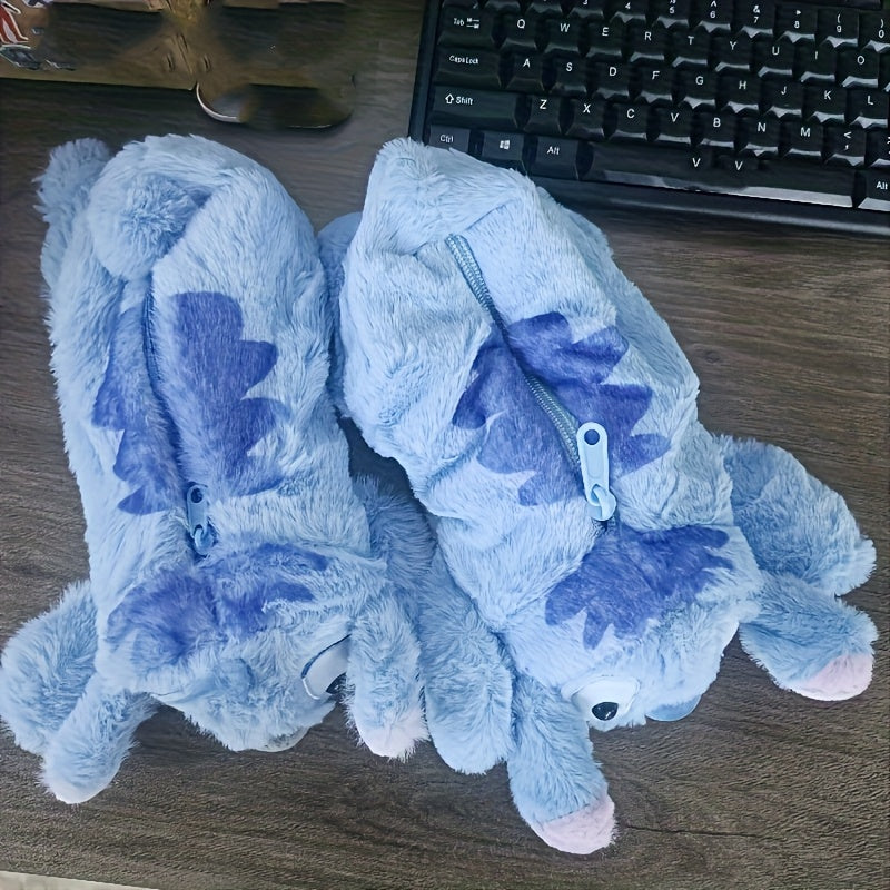 Cute Stitch Plush Pen Bag - Large Capacity Anime Stationery Organizer, Makeup Bag, Desk Holder, Soft Blue Stitch Design with Bow Tie, Perfect Gift for Office or Home, Pen Holder