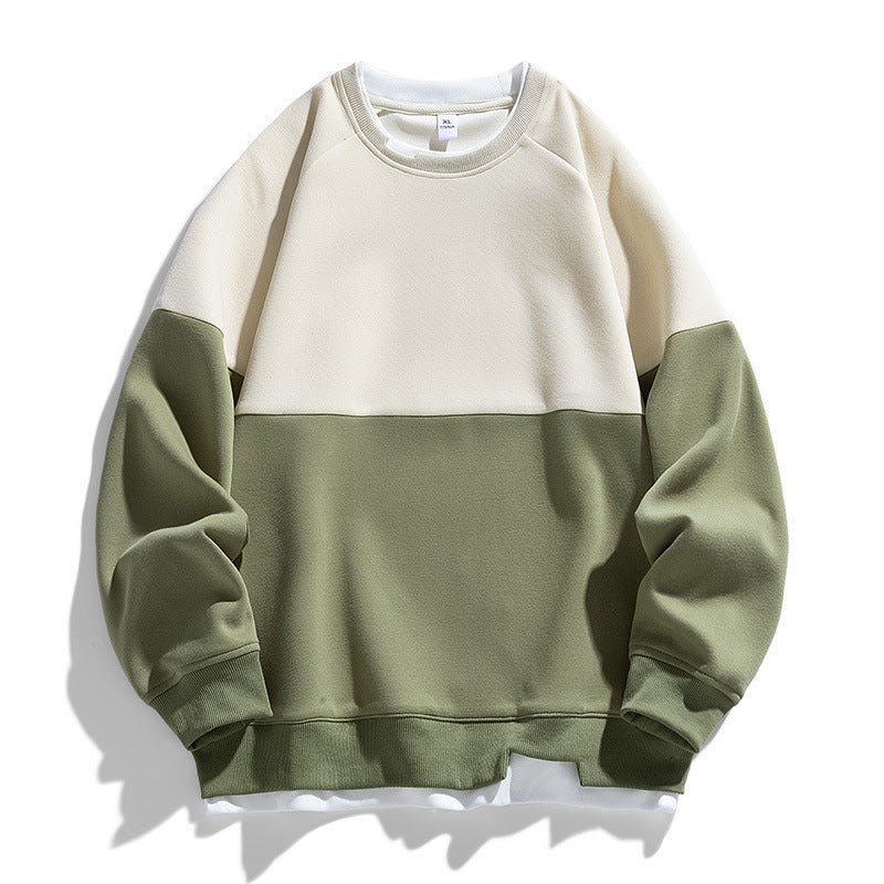 Modern color contrast faux two piece crew neck sweater