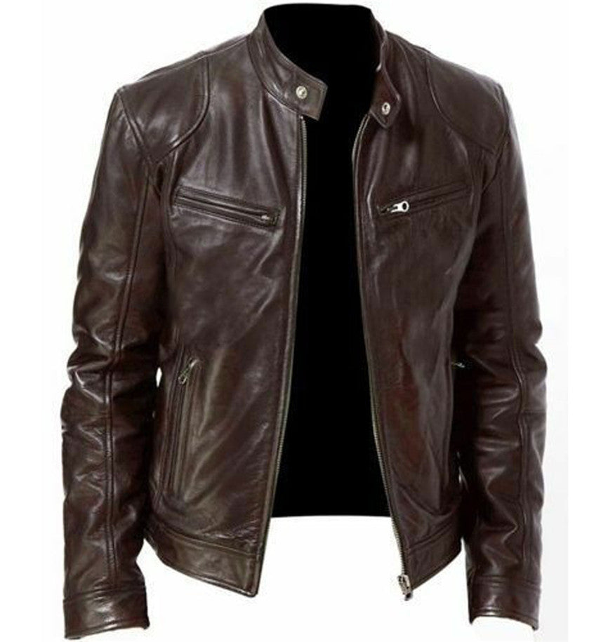 Men's faux leather jacket with zipper and decorated pockets