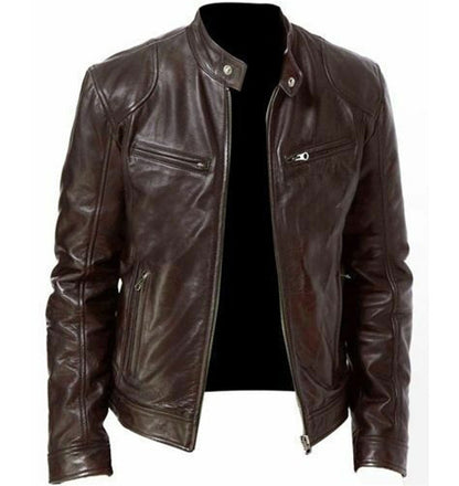 Men's faux leather jacket with zipper and decorated pockets