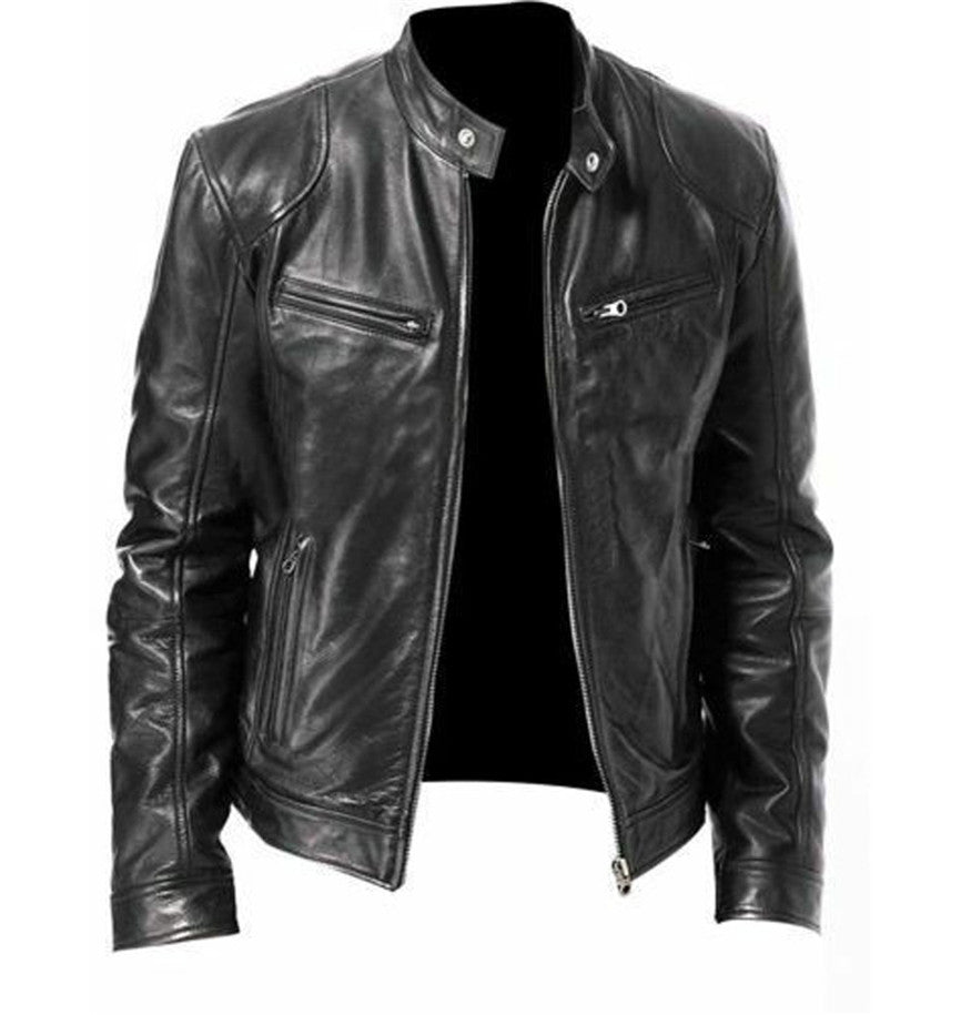 Men's faux leather jacket with zipper and decorated pockets