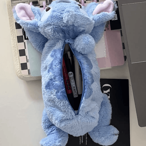 Cute Stitch Plush Pen Bag - Large Capacity Anime Stationery Organizer, Makeup Bag, Desk Holder, Soft Blue Stitch Design with Bow Tie, Perfect Gift for Office or Home, Pen Holder