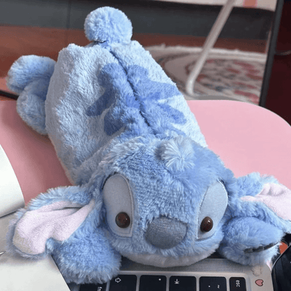Cute Stitch Plush Pen Bag - Large Capacity Anime Stationery Organizer, Makeup Bag, Desk Holder, Soft Blue Stitch Design with Bow Tie, Perfect Gift for Office or Home, Pen Holder