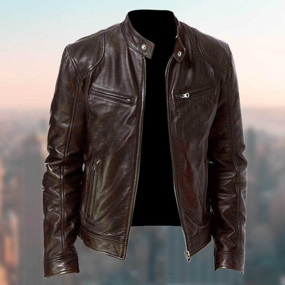 Men's faux leather jacket with zipper and decorated pockets