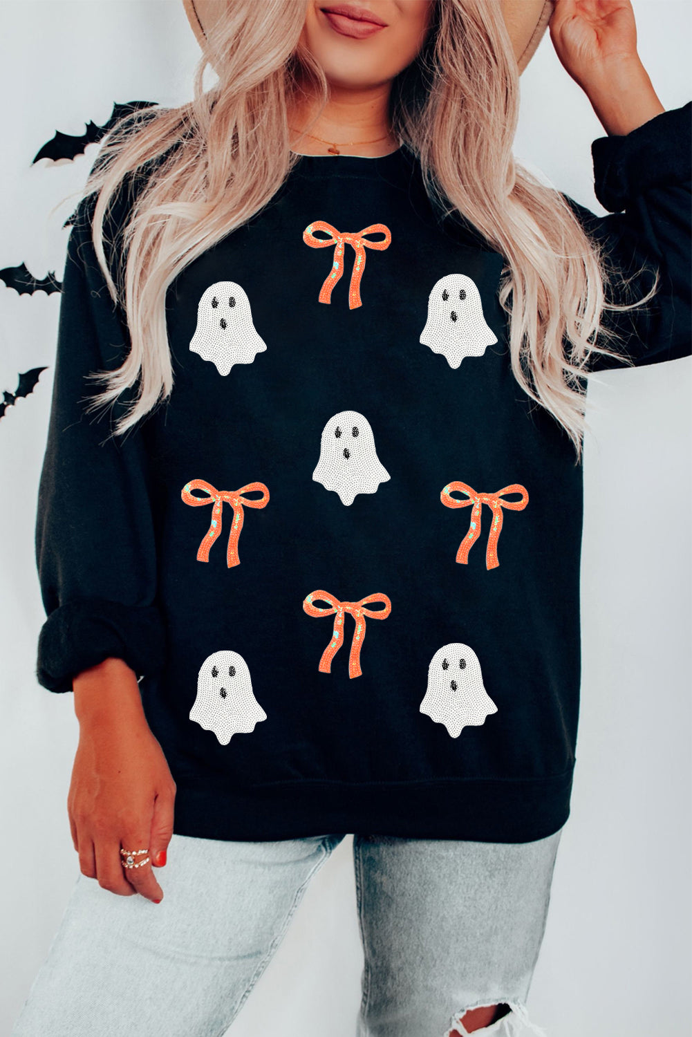 Black Halloween sequin off-the-shoulder sweatshirt