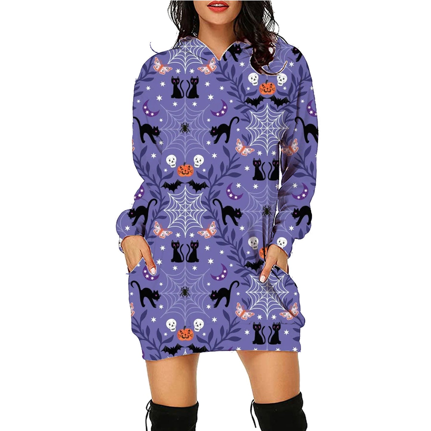 Halloween Printed Long Sleeve Hoodie with Pockets, Women's Long Sleeve Outfit