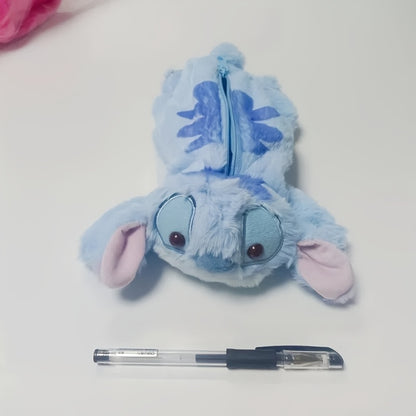 Cute Stitch Plush Pen Bag - Large Capacity Anime Stationery Organizer, Makeup Bag, Desk Holder, Soft Blue Stitch Design with Bow Tie, Perfect Gift for Office or Home, Pen Holder