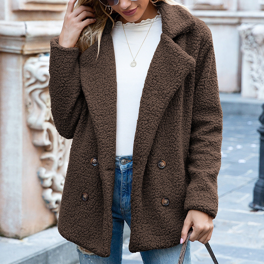 Fluffy jacket with loose lapel and buttons winter, cardigan jacket, outerwear for women