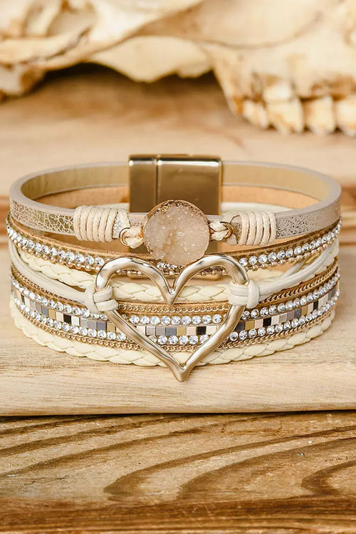 Beige bohemian heart-shaped bracelet with magnetic buckle and rhinestones