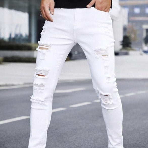 Men's solid color straight leg jeans with cuff, casual and comfortable, slim fit