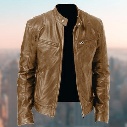 Men's faux leather jacket with zipper and decorated pockets