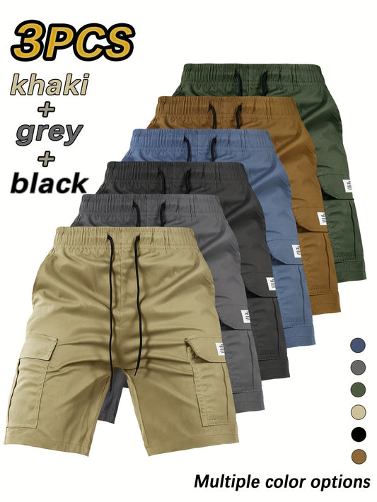 3 Pack Men's Solid Color Work Shorts, Fashionable Lightweight Shorts with Flap Pocket, Men's Work Trousers for Outdoor Activities