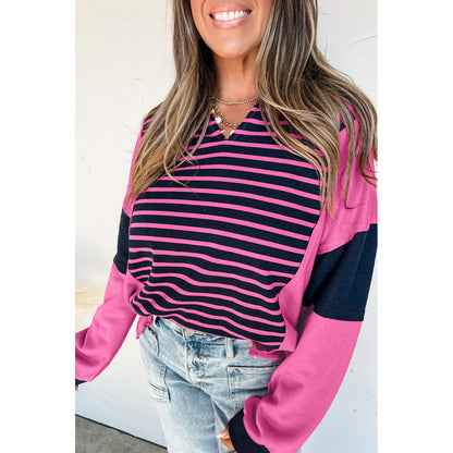 Long sleeve blouse with V-neck and color contrast patchwork