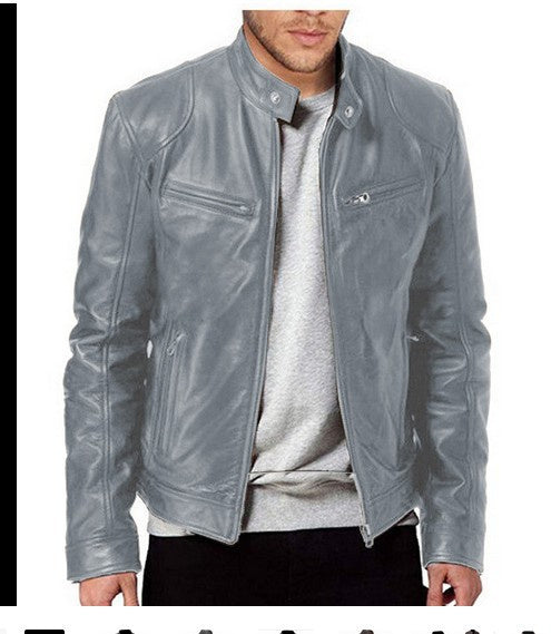 Men's faux leather jacket with zipper and decorated pockets