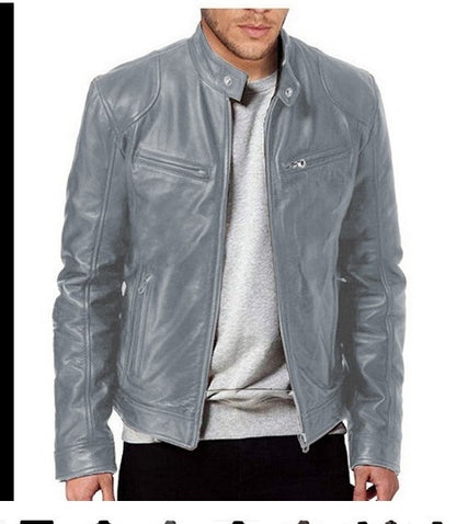 Men's faux leather jacket with zipper and decorated pockets