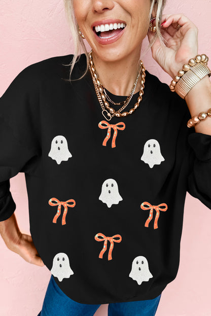 Black Halloween sequin off-the-shoulder sweatshirt