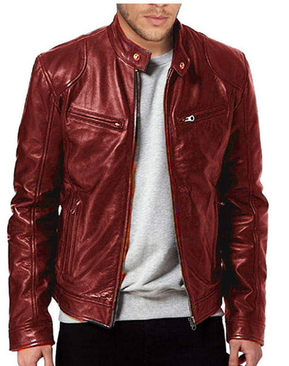 Men's faux leather jacket with zipper and decorated pockets