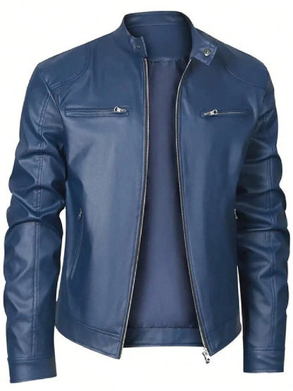 Men's faux leather jacket with zipper and decorated pockets