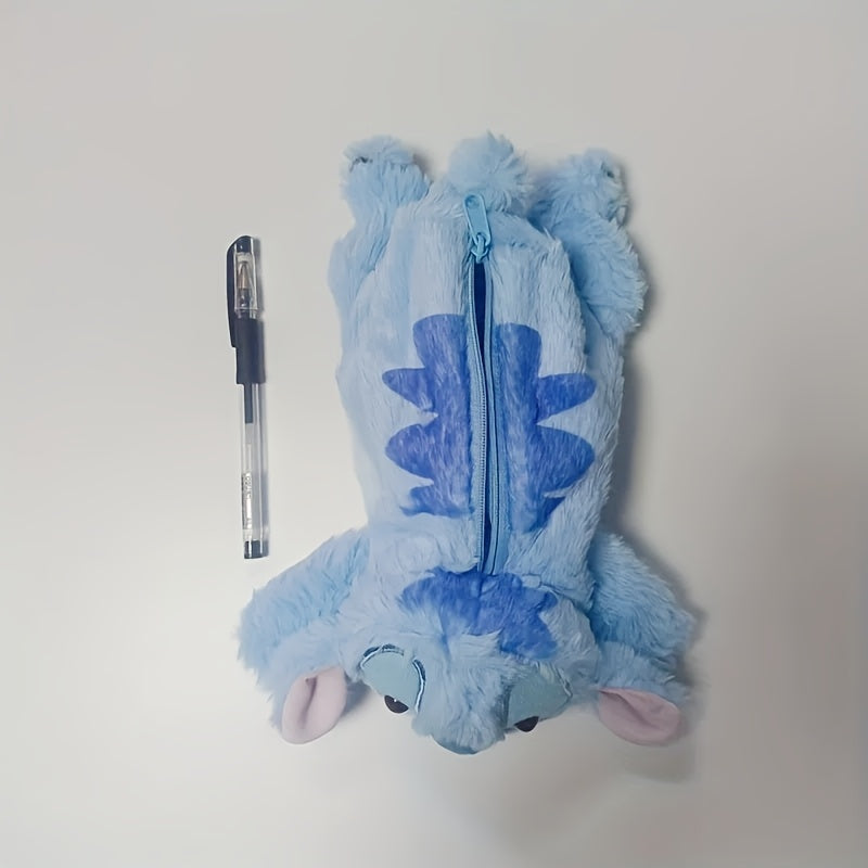 Cute Stitch Plush Pen Bag - Large Capacity Anime Stationery Organizer, Makeup Bag, Desk Holder, Soft Blue Stitch Design with Bow Tie, Perfect Gift for Office or Home, Pen Holder