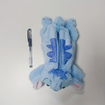 Cute Stitch Plush Pen Bag - Large Capacity Anime Stationery Organizer, Makeup Bag, Desk Holder, Soft Blue Stitch Design with Bow Tie, Perfect Gift for Office or Home, Pen Holder