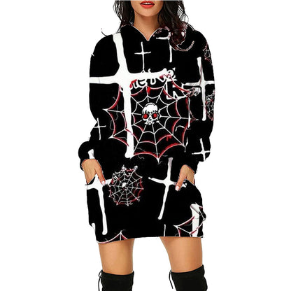 Halloween Printed Long Sleeve Hoodie with Pockets, Women's Long Sleeve Outfit