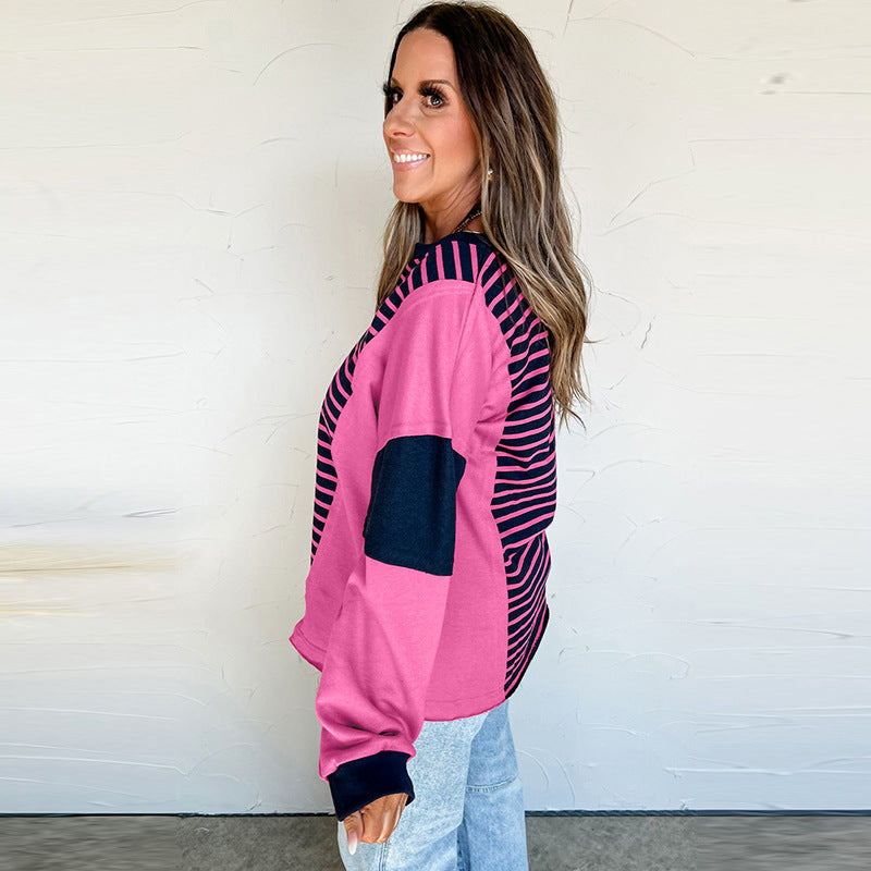 Long sleeve blouse with V-neck and color contrast patchwork