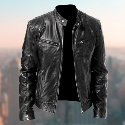 Men's faux leather jacket with zipper and decorated pockets