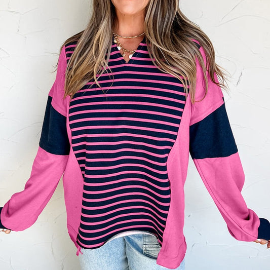 Long sleeve blouse with V-neck and color contrast patchwork