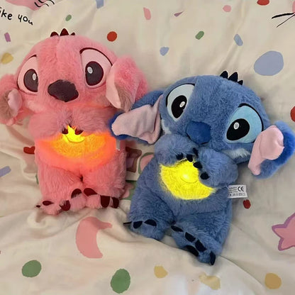 Kawaii Stitch 30cm Plush Doll – Baby Sleeping Companion with Soothing Musical Sound, Light-Up Airbag, Breathing Toy and Ideal Gift.