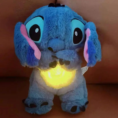 Kawaii Stitch 30cm Plush Doll – Baby Sleeping Companion with Soothing Musical Sound, Light-Up Airbag, Breathing Toy and Ideal Gift.
