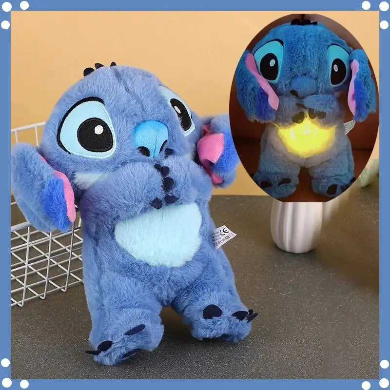 Kawaii Stitch 30cm Plush Doll – Baby Sleeping Companion with Soothing Musical Sound, Light-Up Airbag, Breathing Toy and Ideal Gift.