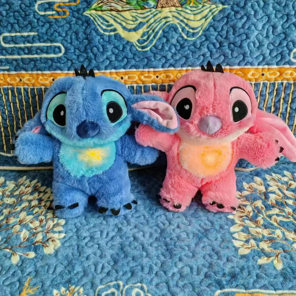 Kawaii Stitch 30cm Plush Doll – Baby Sleeping Companion with Soothing Musical Sound, Light-Up Airbag, Breathing Toy and Ideal Gift.