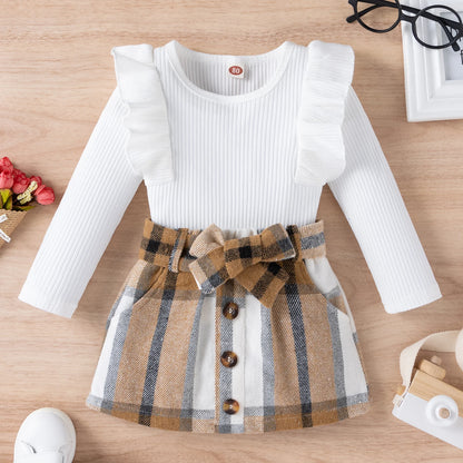 Autumn Toddler Kids Baby Girls Clothes Set 2Pcs Solid Color Long Sleeve Tops+Plaid Skirts Outfits 1-4 Years