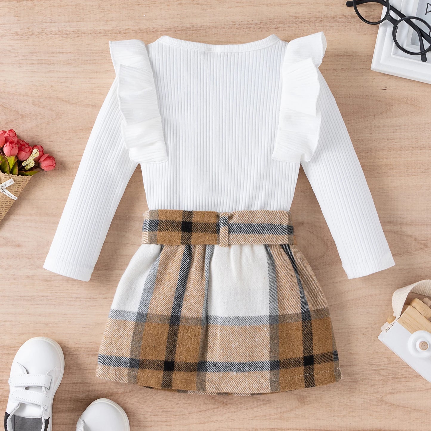 Autumn Toddler Kids Baby Girls Clothes Set 2Pcs Solid Color Long Sleeve Tops+Plaid Skirts Outfits 1-4 Years