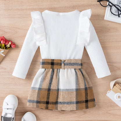 Autumn Toddler Kids Baby Girls Clothes Set 2Pcs Solid Color Long Sleeve Tops+Plaid Skirts Outfits 1-4 Years