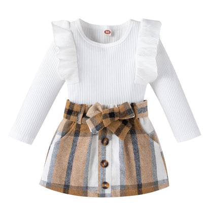 Autumn Toddler Kids Baby Girls Clothes Set 2Pcs Solid Color Long Sleeve Tops+Plaid Skirts Outfits 1-4 Years