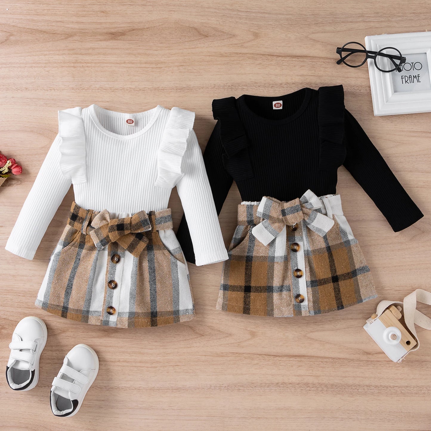 Autumn Toddler Kids Baby Girls Clothes Set 2Pcs Solid Color Long Sleeve Tops+Plaid Skirts Outfits 1-4 Years
