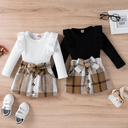 Autumn Toddler Kids Baby Girls Clothes Set 2Pcs Solid Color Long Sleeve Tops+Plaid Skirts Outfits 1-4 Years