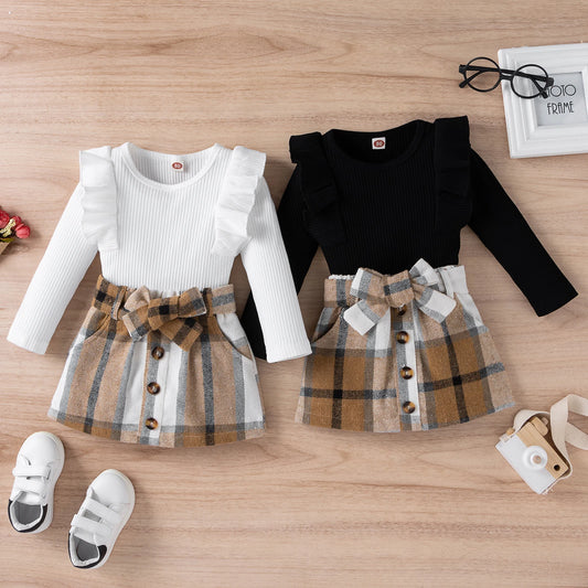 Autumn Toddler Kids Baby Girls Clothes Set 2Pcs Solid Color Long Sleeve Tops+Plaid Skirts Outfits 1-4 Years