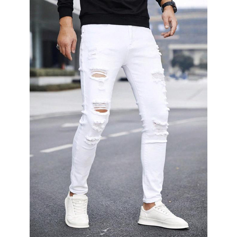 Men's solid color straight leg jeans with cuff, casual and comfortable, slim fit
