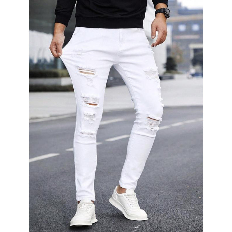 Men's solid color straight leg jeans with cuff, casual and comfortable, slim fit