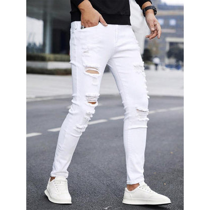 Men's solid color straight leg jeans with cuff, casual and comfortable, slim fit