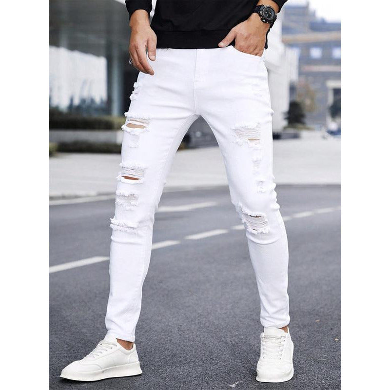 Men's solid color straight leg jeans with cuff, casual and comfortable, slim fit